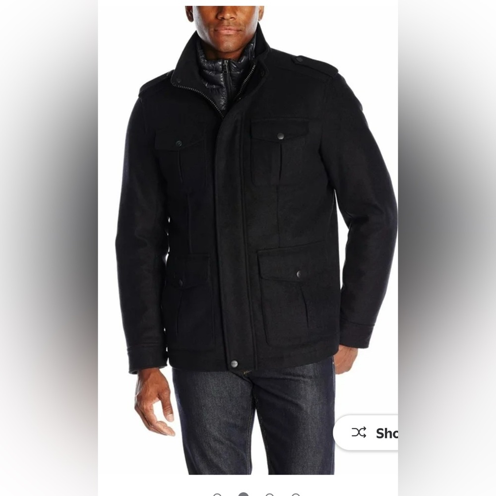 Dockers BLACK Men's Military Wool Blend Bib Lined Dual Zipper Coat. NWT